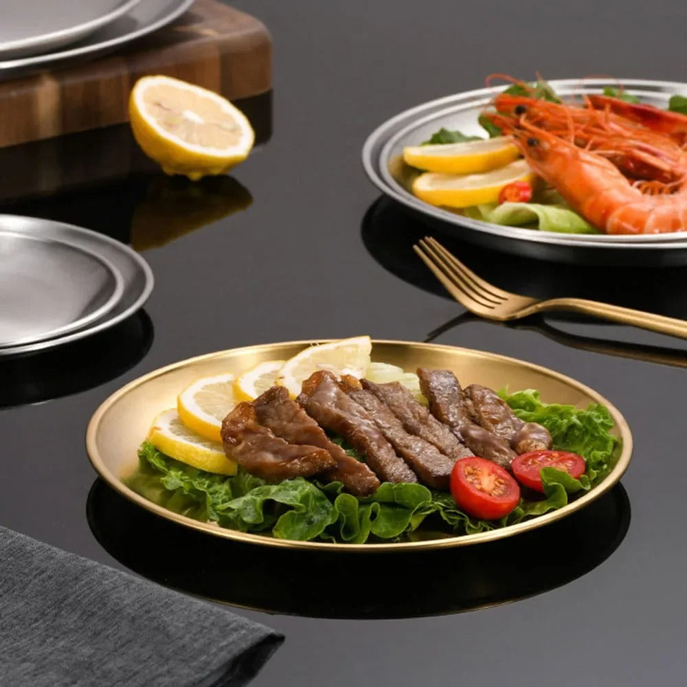 Golden Stainless Steel Round Serving Tray
